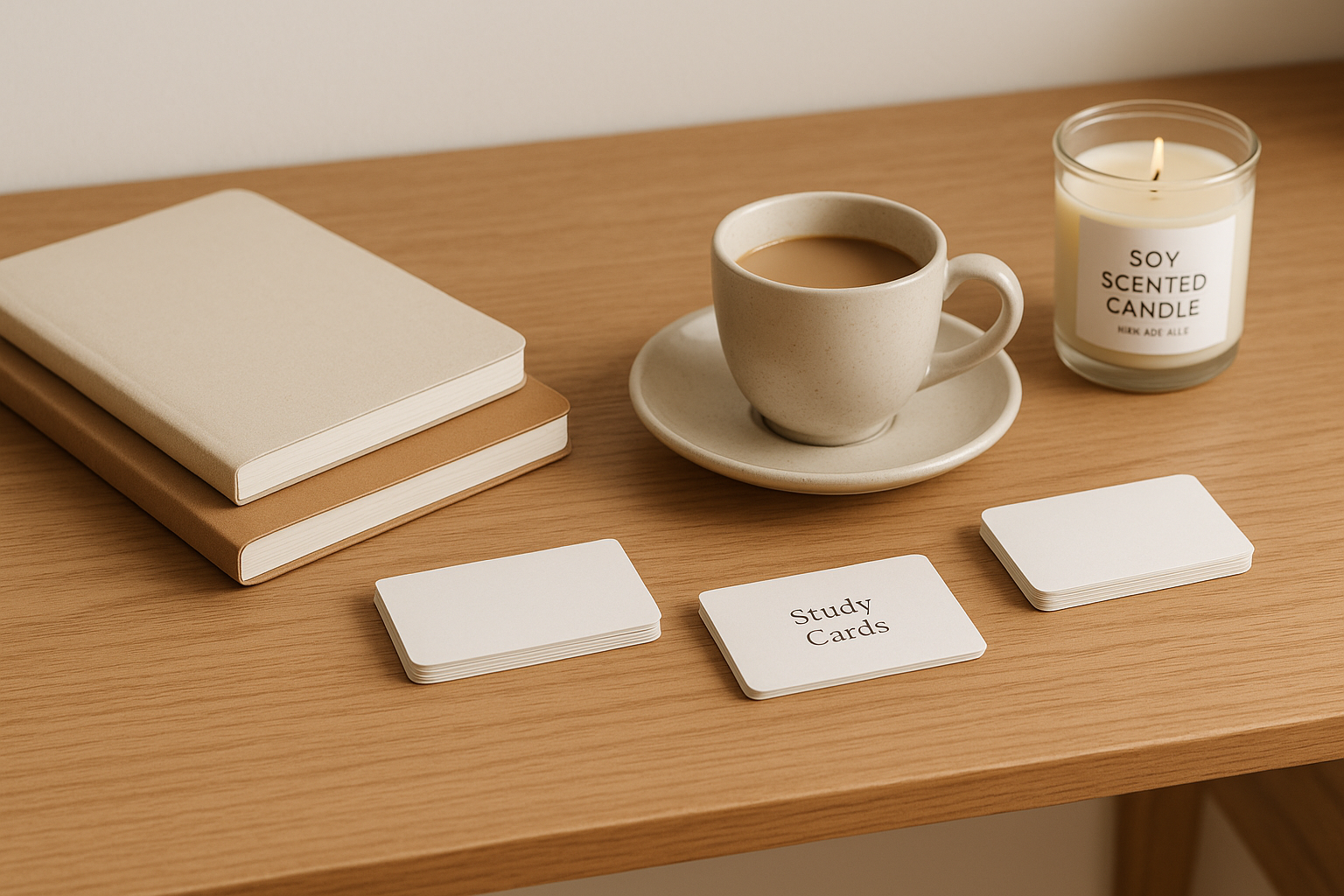 un bureau en bois, avec des cahiers minimalistes empilés et des fiches de révisions, avec la tasse et son plateau que tu peux retrouver dans mes produits ainsi que la bougie parfumée au soja que tu peux aussi retrouver dans mes produits.